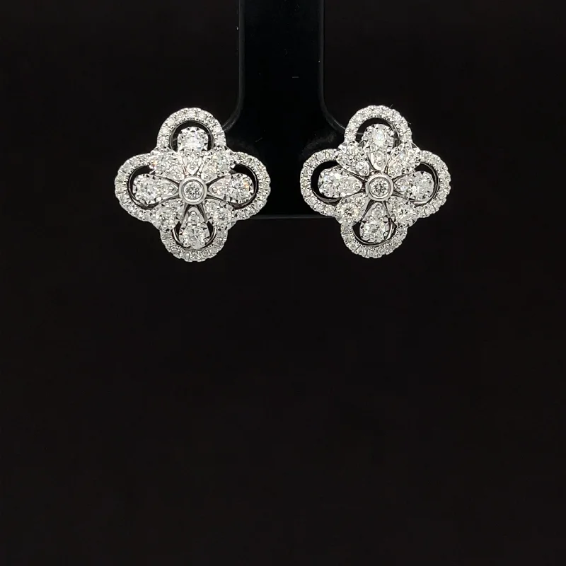 Luxury Gemstone Earrings-Diamond Hibiscus Flower Halo Stud Earrings in 18k White Gold - #192 - HEDIA002569