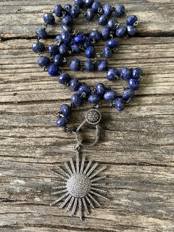 Blue Lapis Beaded Necklace with Pave Diamond Clasp. Pave Diamond Starburst Pendant