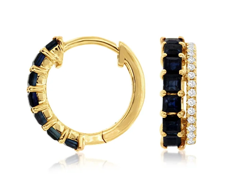 Wedding Earrings for Bride-14K Yellow Gold Sapphire & Diamond Hoops