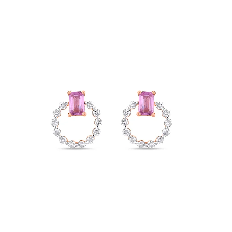 Affordable Gold Earrings-Pink Sapphire Circular Diamond Stud Earrings