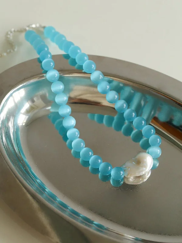 Cat's Eye Stone Baroque Pearl Collar Necklace-Blue