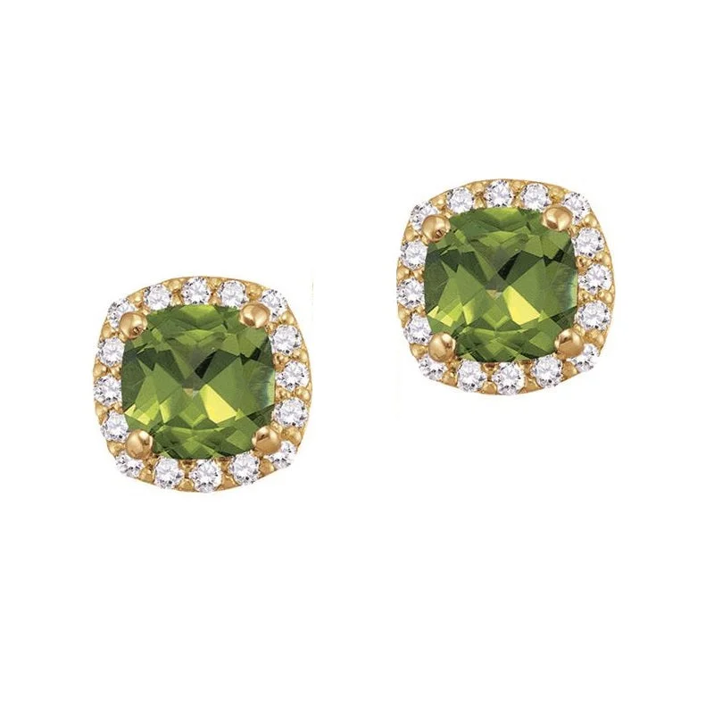 Wedding Earrings with Silver-5MM Cushion Peridot and White Sapphire Birthstone Halo Stud Earrings in 10KT Yellow Gold