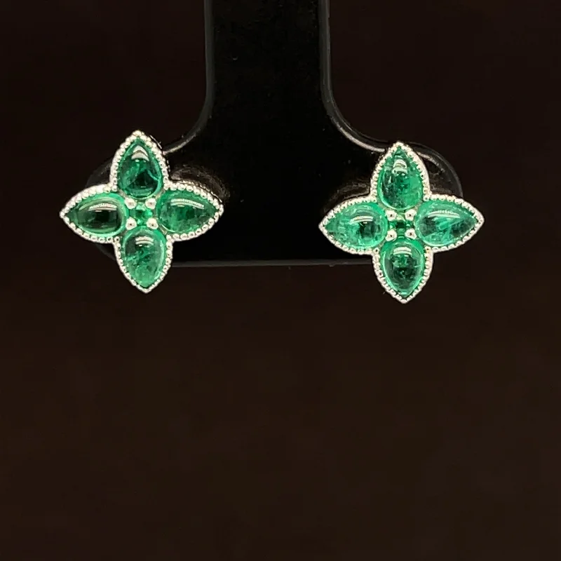 Artistic Dangle Earrings-Emerald & Diamond 1.18ctw Cabochon Flower Earrings in 18K White Gold - #391- EREME027826