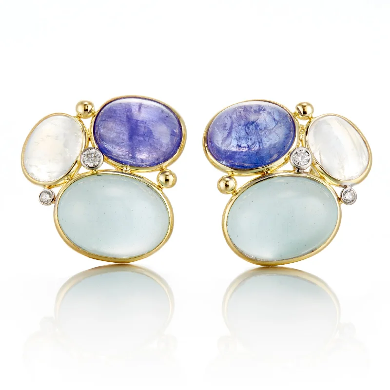 Small Gold Hoop Earrings-Moonstone, Tanzanite & Aquamarine Cluster Earrings