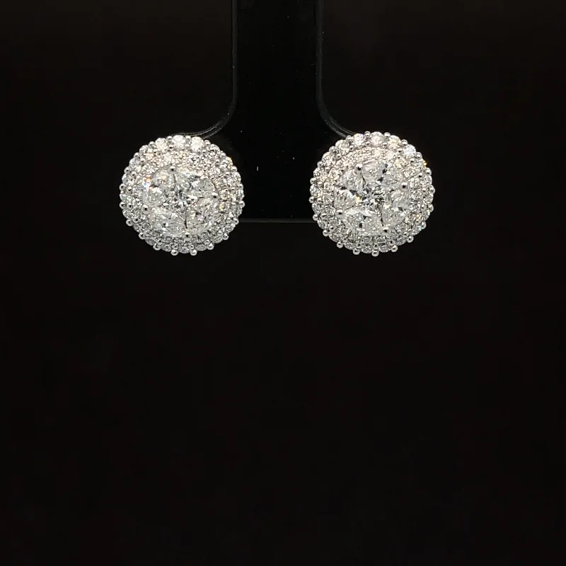 Large Dangle Earrings-Diamond Pinwheel Halo Cluster Stud Earrings in 18k White Gold - #580 - ERDIA356564