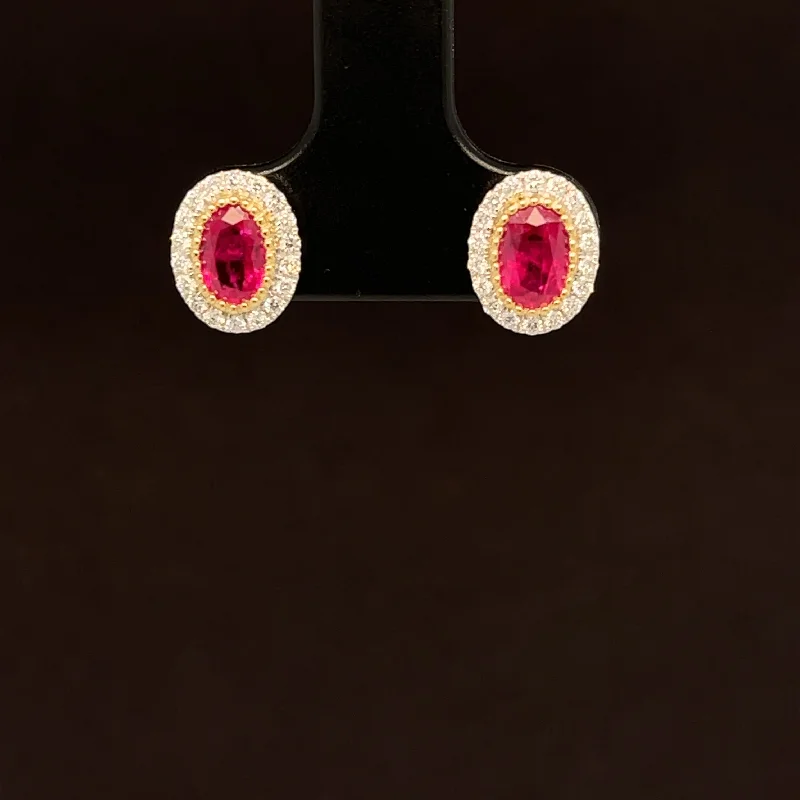 Colorful Earrings for Teens-Ruby & Diamond 1.11ctw Oval Halo Cluster Stud Earrings in 18k Two-Tone Gold - #381 -ERRUB043424