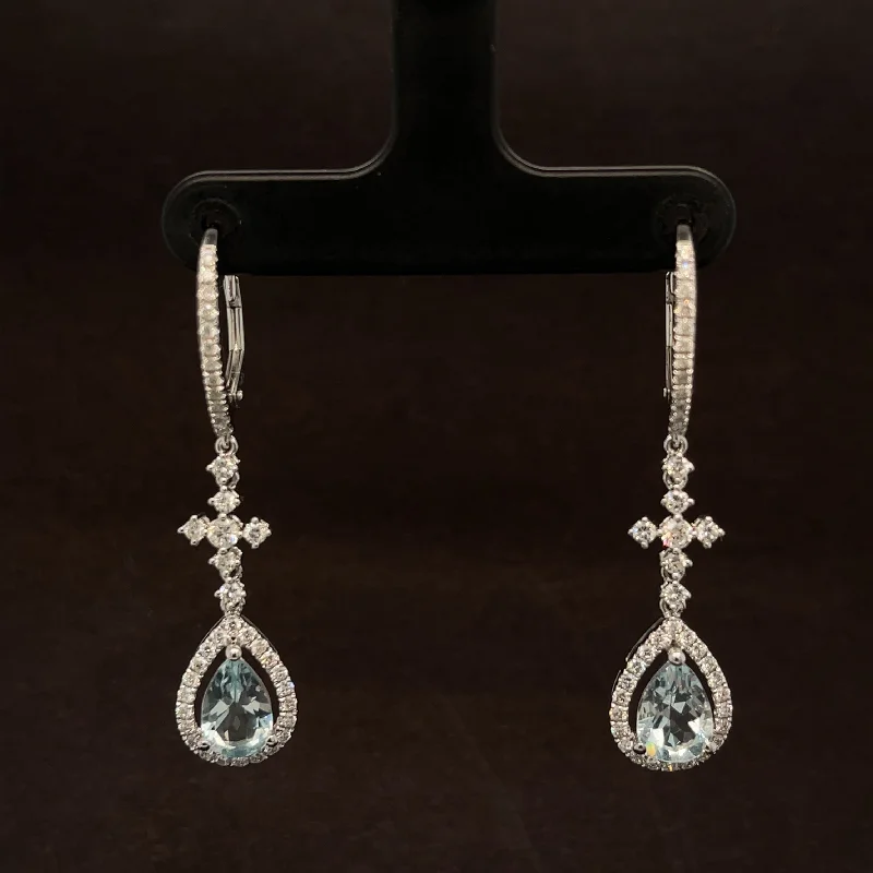 Moon Shaped Earrings-Aquamarine & Diamond Cross Dangle Latch Back Earrings in 18k White Gold - #504 - ERAQU006288