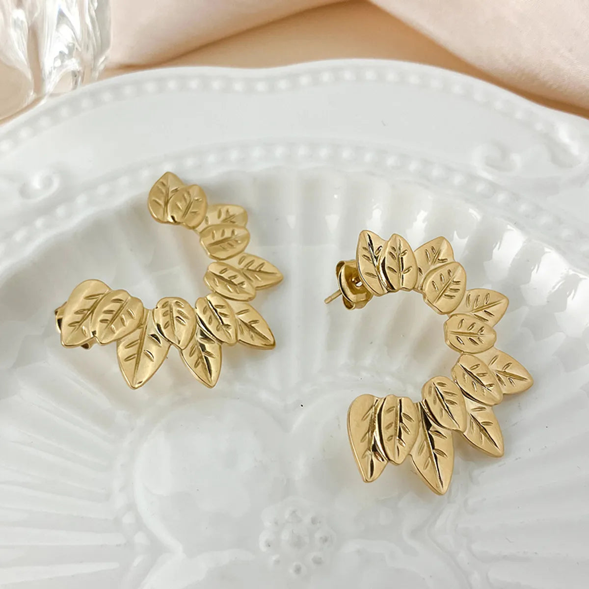 Nature Inspired Earrings-1 Pair Casual Classical Romantic Leaves Plating Stainless Steel Gold Plated Ear Studs