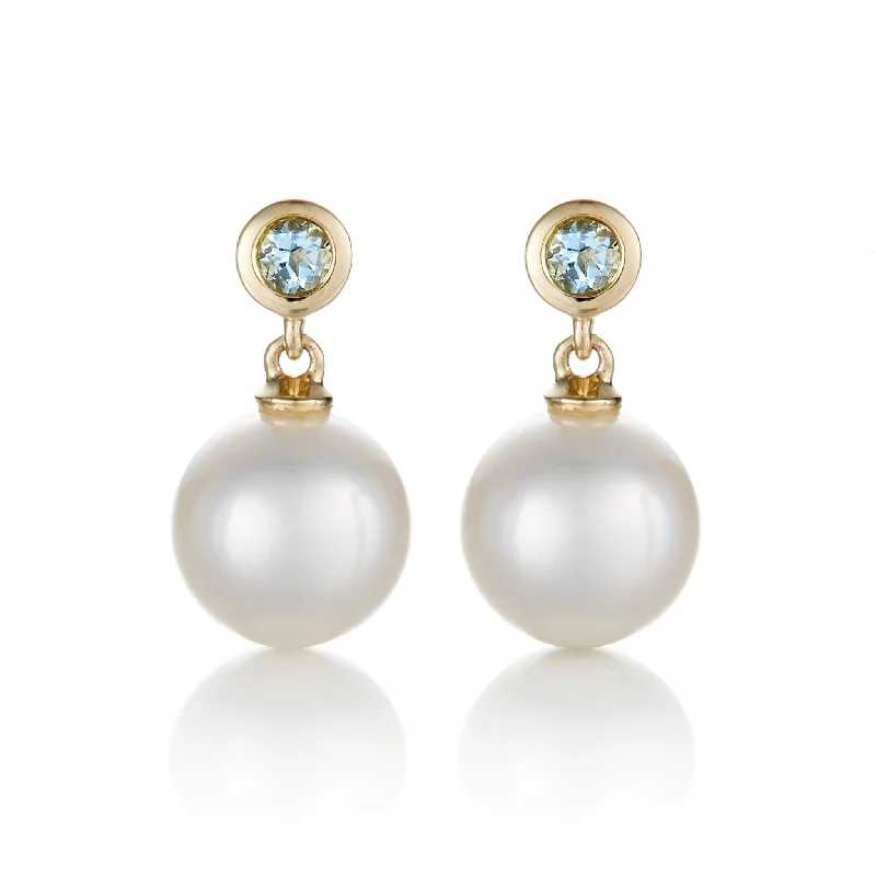 Unique Pearl Earrings-Aquamarine & White Pearl Drop Earrings