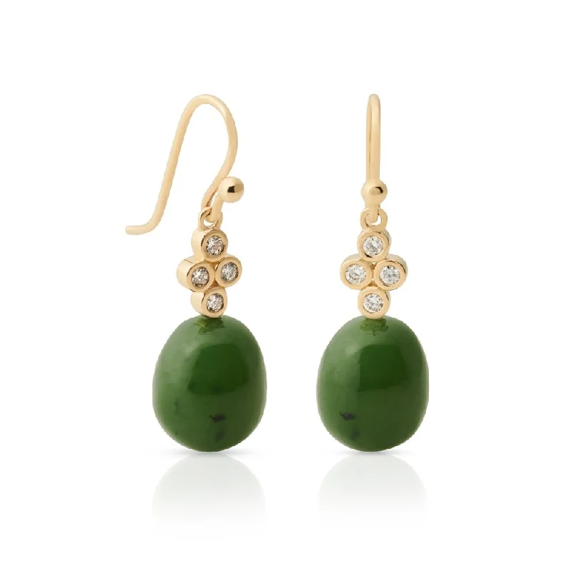 Handmade Gold Earrings-Green Nephrite Jade & Diamond Drop Earrings