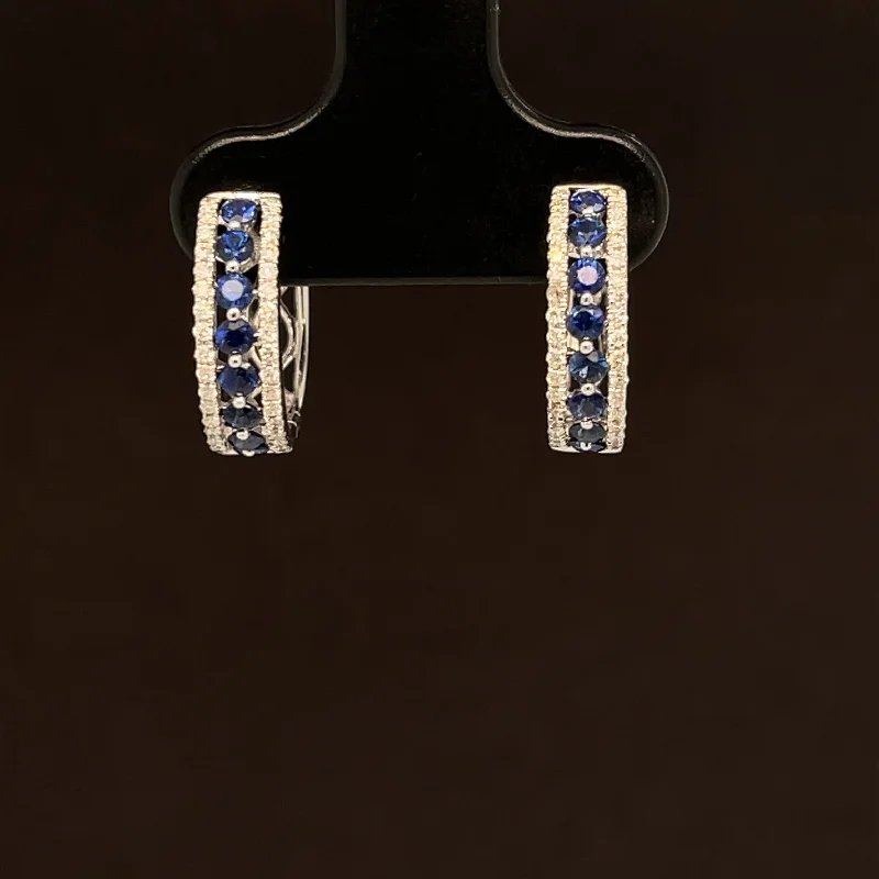 Handmade Silver Earrings-Blue Sapphire & Diamond 0.74ctw Triple Row Hoop Earrings in 18k White Gold - #385 - HESAP000368