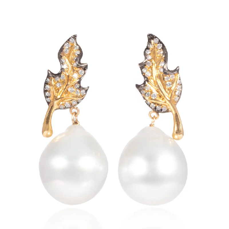 Modern Gold Earrings-Pearl Leaf Drop Earrings