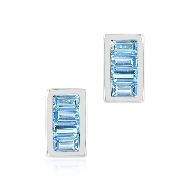 Simple Silver Drop Earrings-Channel-Set Earrings in Swiss Blue Topaz