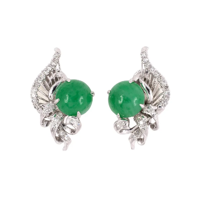 Bridal Earrings with Pearls-Green Jadeite & Diamond Scroll Clef Earrings