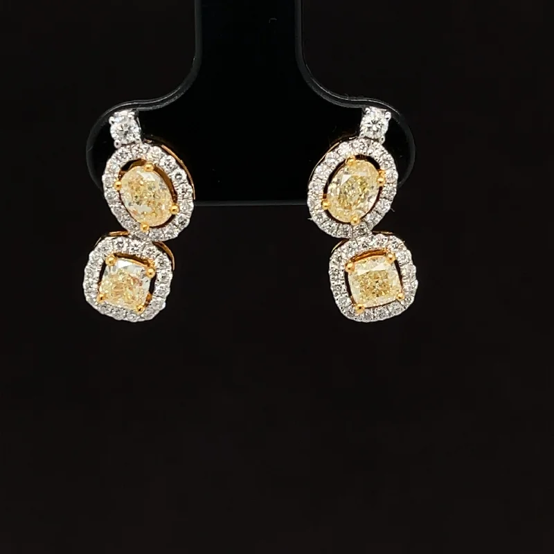 Trendy Dangle Earrings-Fancy Yellow Diamond Double Halo Dangle Diamond Earrings in 18k Two-Tone Gold - (#197 - ERDIA 349922)