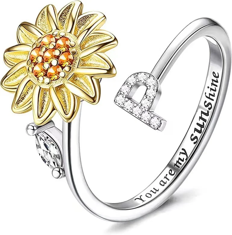 Gold Ring with Citrine-Vintage Style Letter Flower Copper Plating Inlay Zircon Open Rings