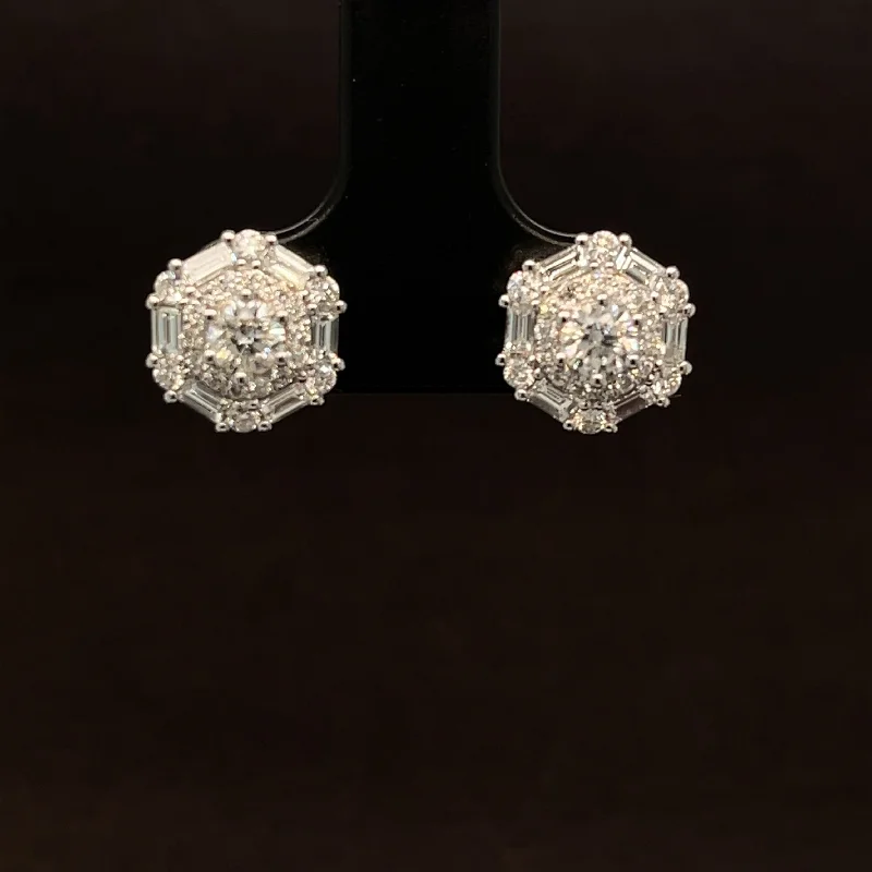 Cute Pearl Earrings-Diamond Geometric Cluster Stud Earrings in 18k White Gold - #509 - ERDIA354314