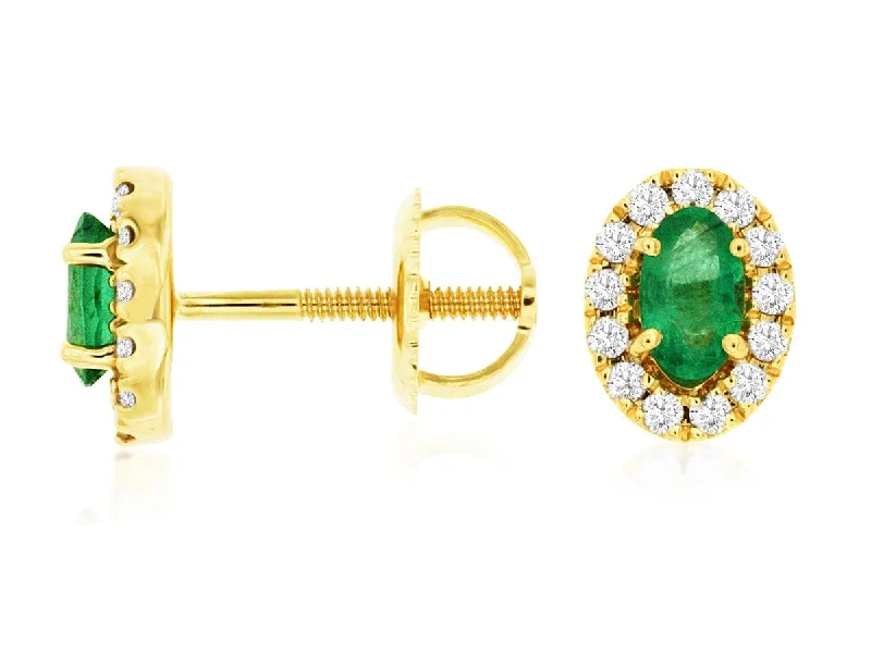 Ethnic Earrings for Women-14K Yellow Gold Oval Emerald & Diamond Stud Earrings