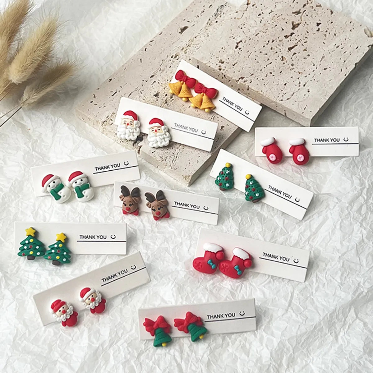 Stud Earrings for Women-1 Pair Cute Christmas Tree Santa Claus Stoving Varnish Resin Ear Studs