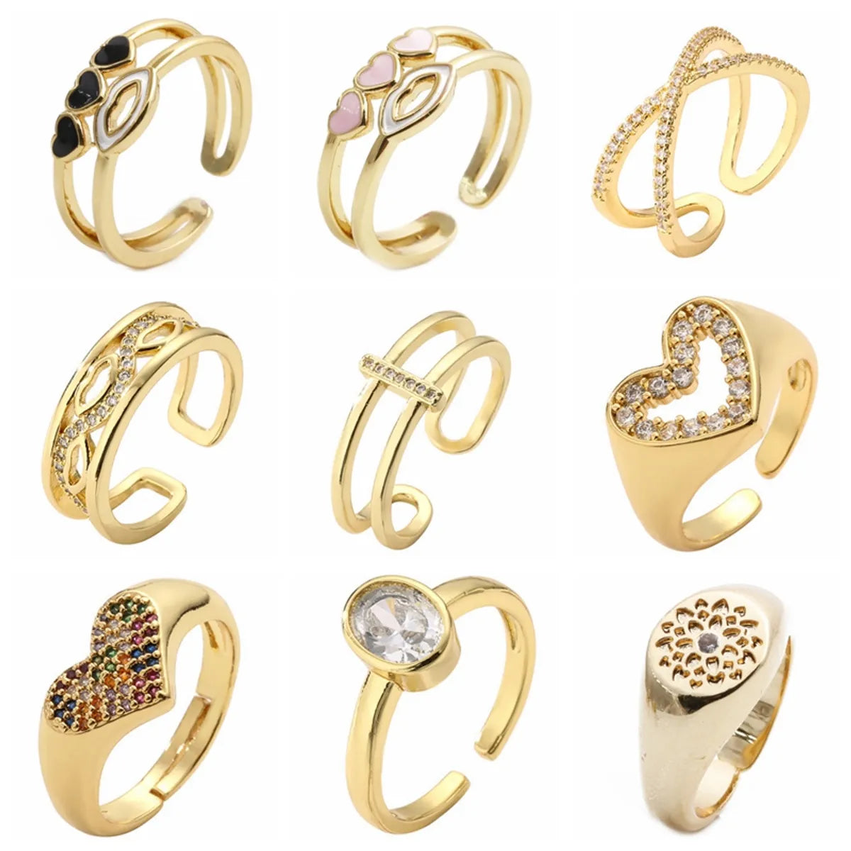 Custom Initial Ring-Luxurious Heart Shape Copper Plating Inlay Zircon Gold Plated Open Rings