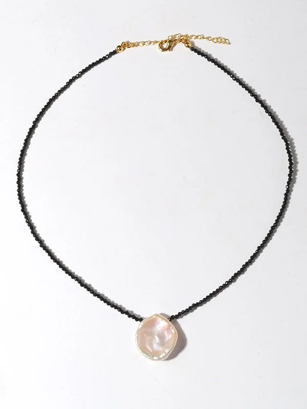 Single Large Petal Baroque Pearl Black Spinel Necklace