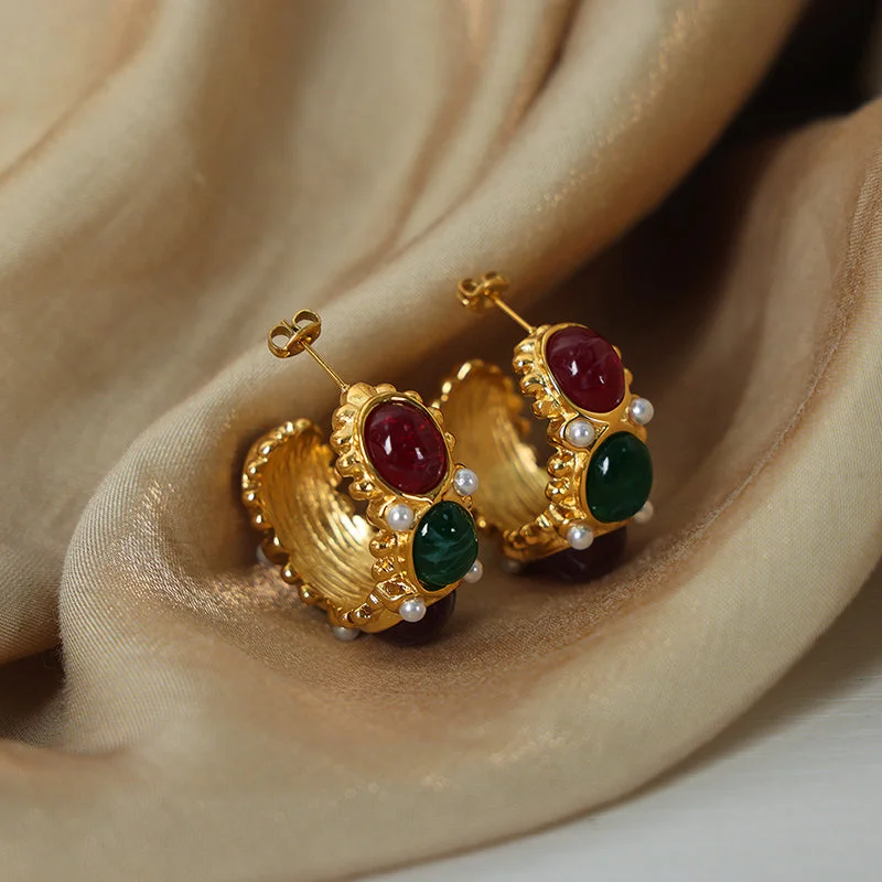 F1006-Gold Red Green Resin Earrings