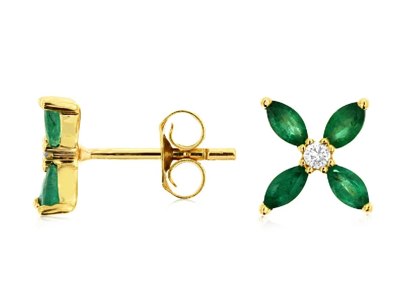 Butterfly Design Earrings-14K Yellow Gold Emerald & Diamond Floral Stud Earrings