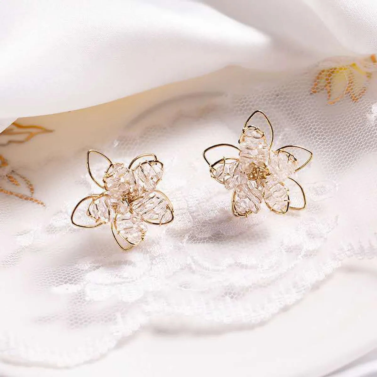 Pearl and Diamond Earrings-Wholesale Jewelry 1 Pair Lady Flower Artificial Crystal Ear Studs