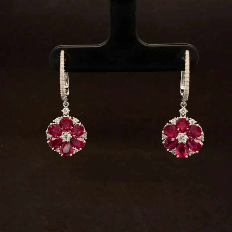 Elegant Drop Earrings-Ruby & Diamond Flower Dangle Latch Back Earrings in 18k White Gold - #503 - ERRUB043436