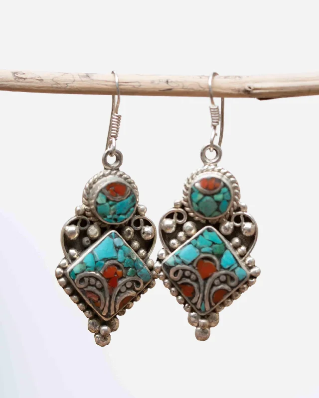 Unique Design Earrings-Eliane Turquoise Tibetan Earrings ~German Silver ~ SME060