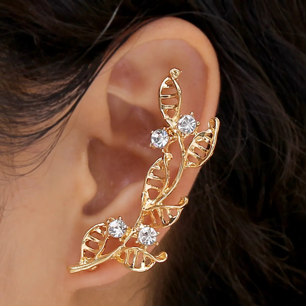 Vintage Wedding Earrings-1 Piece Elegant Sweet Leaves Inlay Alloy Rhinestones Gold Plated Ear Studs