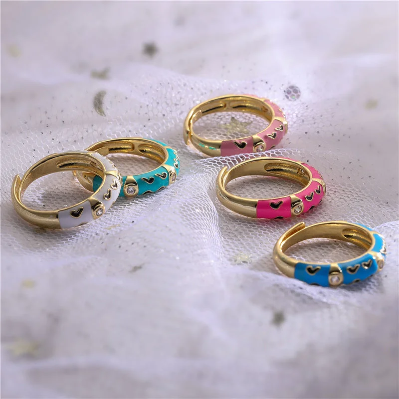 Custom Birthstone Ring-Elegant Colorful Heart Shape Copper Enamel Plating Inlay Zircon 18k Gold Plated Open Rings