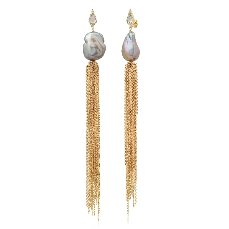 Silver Earrings with Diamonds-Silver Pearl Tassel Drops