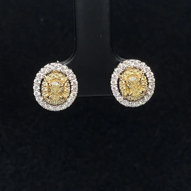 Diamond Hoop Earrings-Fancy Yellow & White Diamond Double Halo Oval Stud Earrings in 18k Two Tone Gold - (#130-JEO155GR-02)