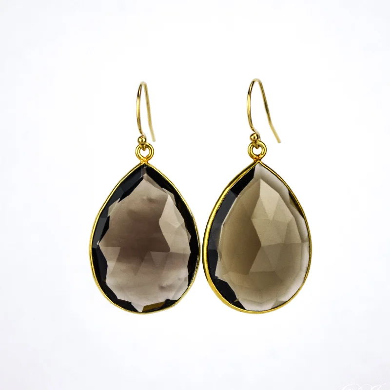 Trendy Silver Earrings-Faceted Smoky Quartz Teardrop Bezel Set Earrings