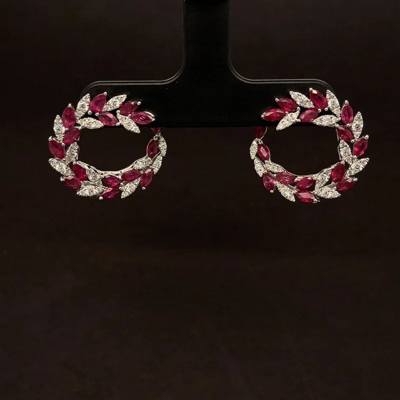 Elegant Stud Earrings-Ruby & Diamond Marquise Wreath Cluster Earrings in 18k White Gold - #502 - ERRUB042572