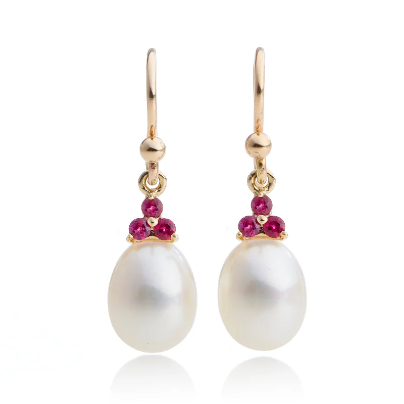 Vintage Dangle Earrings-Madison Drop Earrings in Pearls & Rubies