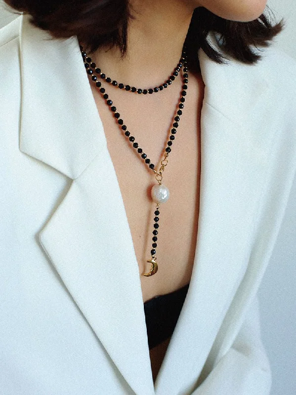 Black Agate Baroque Pearl  Long Necklace