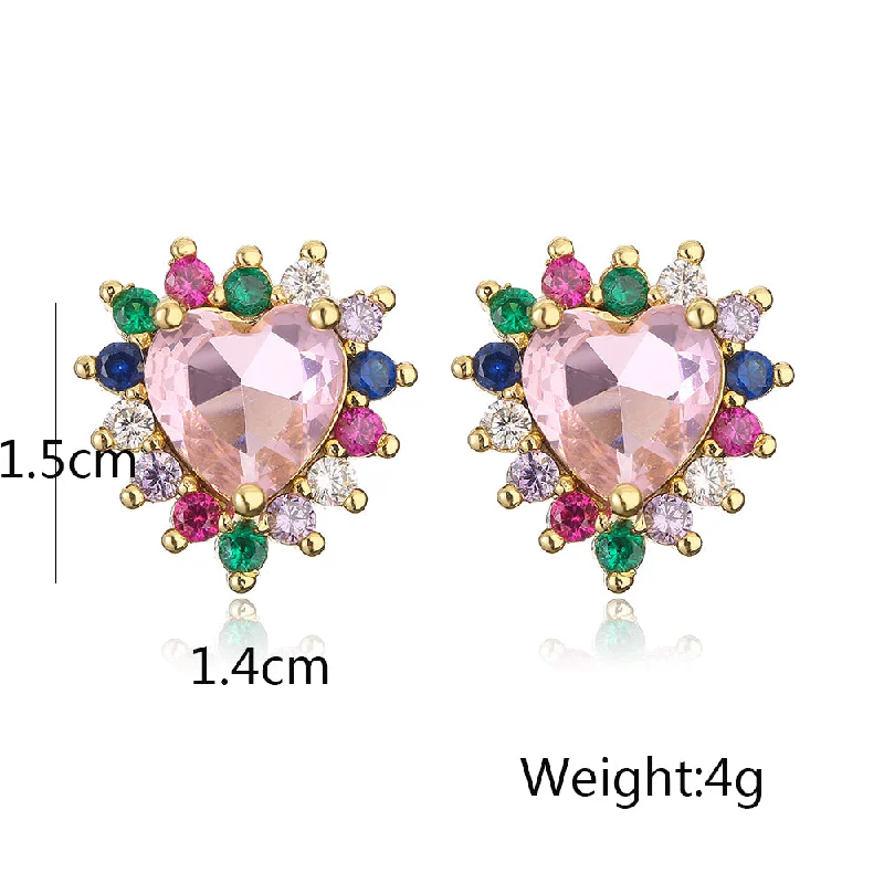 Unique Earrings for Bridesmaids-1 Pair Glam Shiny Heart Shape Copper Plating Inlay Zircon 18k Gold Plated Ear Studs