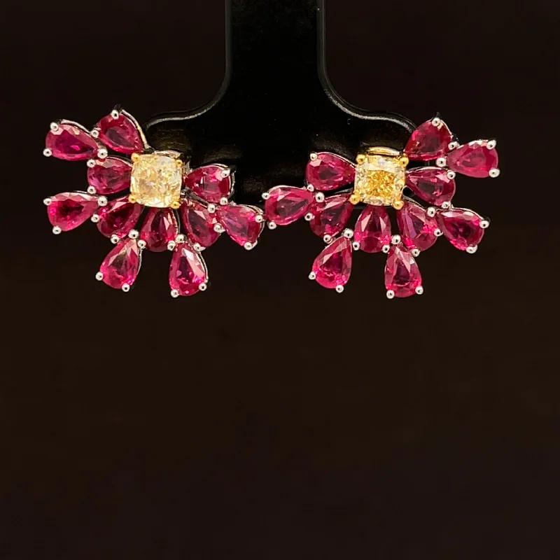 Luxury Bridal Earrings-Ruby & Diamond 5.06ctw Cluster Fan Drop Earrings in 18k Two-Tone Gold - #386 - ERRUB041744