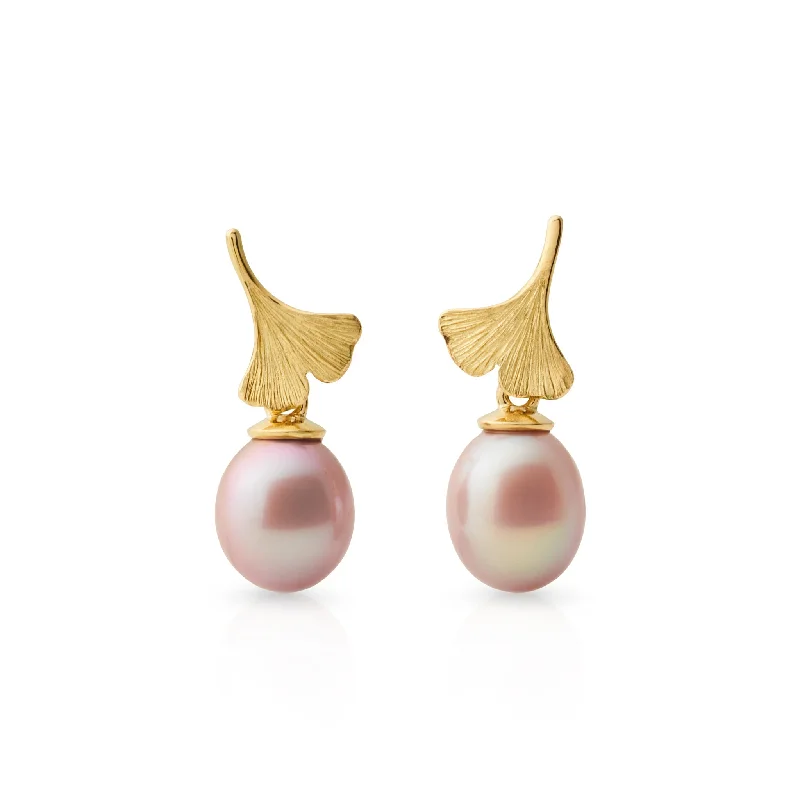 Elegant Gemstone Earrings-Ginkgo Pink Pearl Drop Earrings