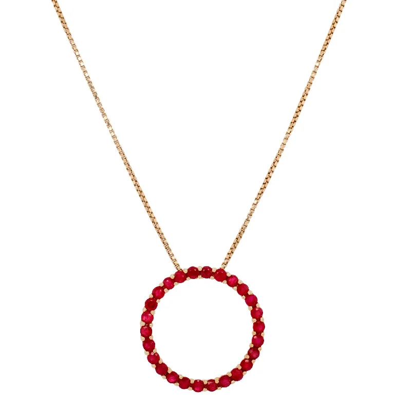 Vintage 1.50ctw Ruby Open Circle Pendant - 14k Yellow Gold Necklace - 18"