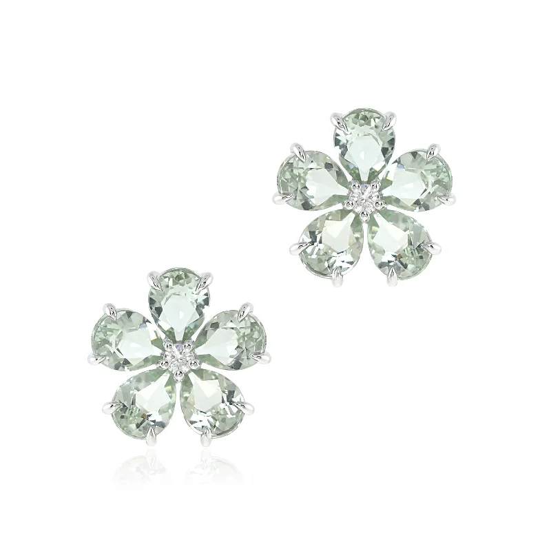 Dainty Earrings for Women-Forget-Me-Not Earrings in Green Amethyst & Diamonds