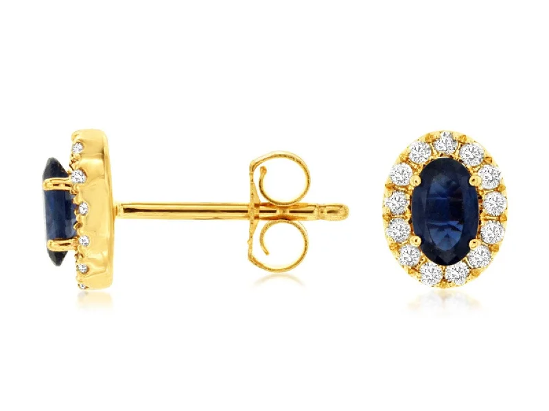 Simple Silver Earrings-14K Yellow Gold Oval Sapphire & Diamond Stud Earrings