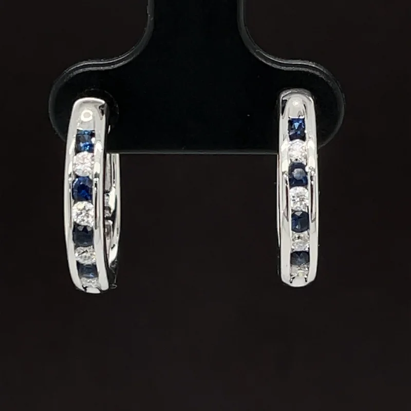 Customizable Earrings-Blue Sapphire & Diamond 0.60ctw Channel Hoop Earrings in 18k White Gold - #328 - ERSAP0920000