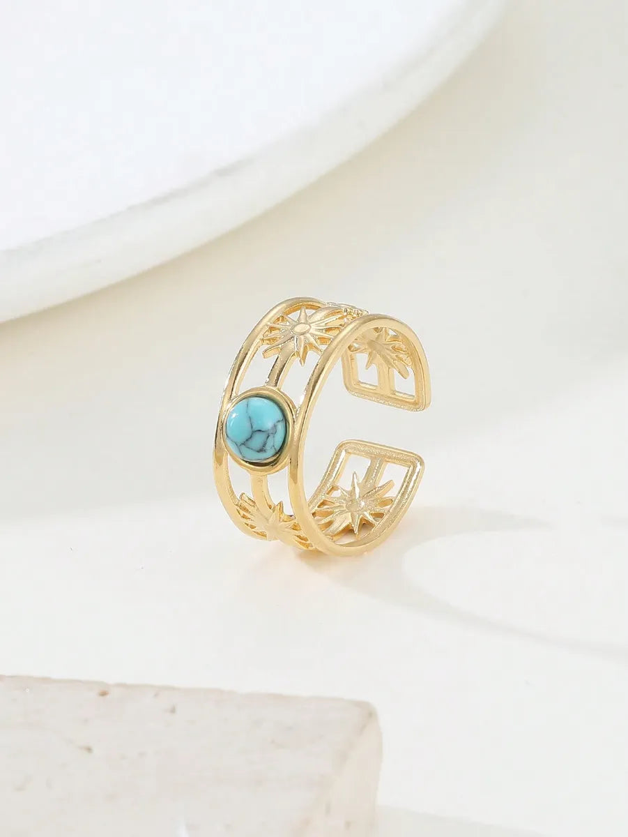 Elegant Custom Ring-Retro Geometric Stainless Steel Plating Inlay Natural Stone 18k Gold Plated Open Rings