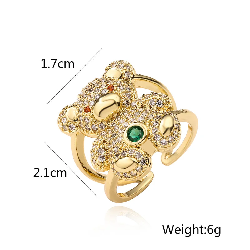 Large Diamond Wedding Ring-Cute Simple Style Little Bear Copper Plating Inlay Zircon 18k Gold Plated Open Rings