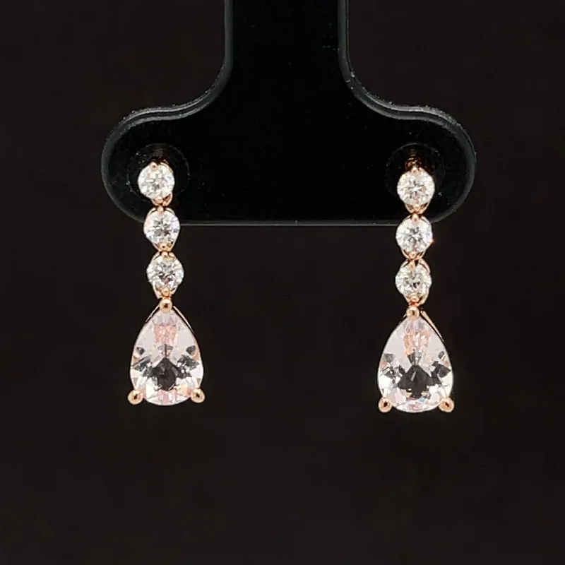 Sparkling Hoop Earrings-Morganite & Diamond 1.39ctw Raindrop Linear Dangle Earrings in 18k Rose Gold - #334 - ERMOR000030