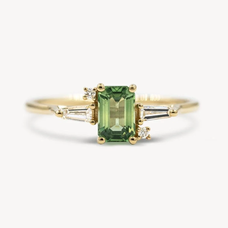 Vintage Engagement Ring-Emerald Cut Geo Green Sapphire and Diamond Ring