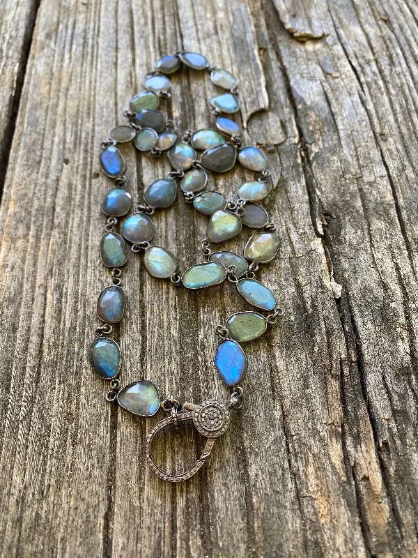 Labradorite Chain Necklace with Pave Diamond Lobster Claw Clasp